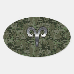 Adesivo Oval Sinal do zodíaco do Aries no verde Digital Camo d