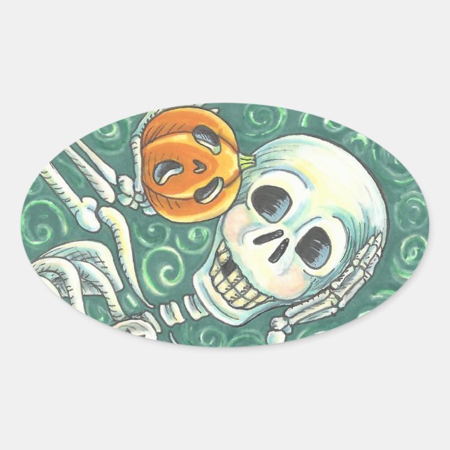 Adesivo Oval SKELETON E JACK O LANTERN STICKERS, Oval DA FOLHA (Frente)