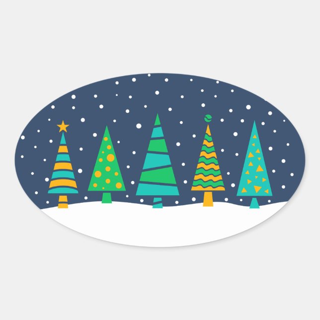 Adesivo Oval Snowy Fir Trees Stickers (Frente)