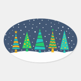 Adesivo Oval Snowy Fir Trees Stickers