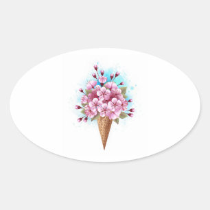 Adesivo Oval Sorvete Waffle Rosa Sakura Cone