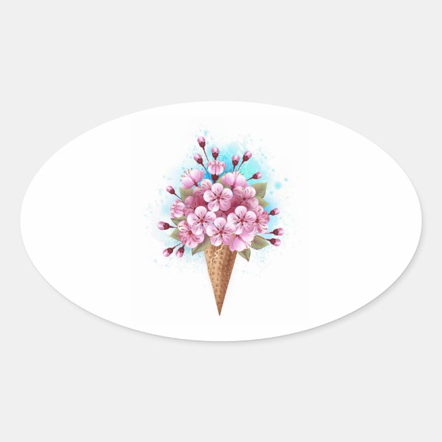 Adesivo Oval Sorvete Waffle Rosa Sakura Cone (Frente)