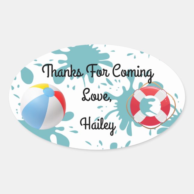 Adesivo Oval Splash Splash Piscina Party Obrigado Sticker (Frente)