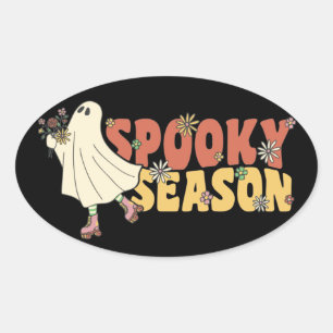 Adesivo Oval Spooky Season Groovy Ghost Com Vintage Flowers Cl