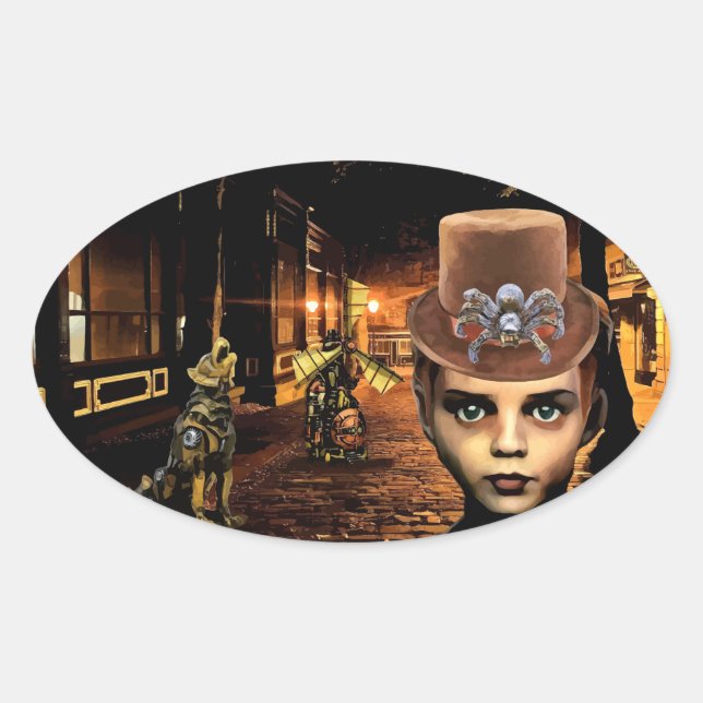 Adesivo Oval Steampunk Boy e Robot Dog ficção científica (Frente)