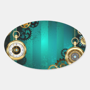 Adesivo Oval Steampunk Jewelry Watch em um fundo verde