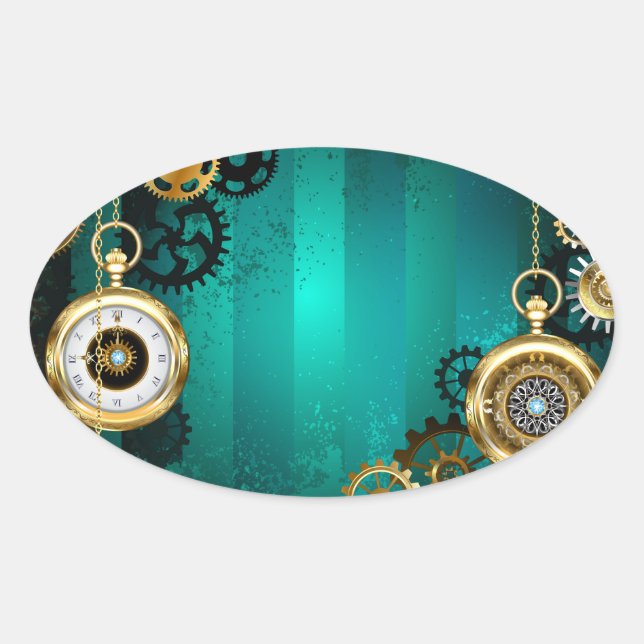 Adesivo Oval Steampunk Jewelry Watch em um fundo verde (Frente)