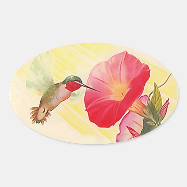 Adesivo Oval Sticker Ruby Throated Hummingbird @ Flowers Garden (Frente)