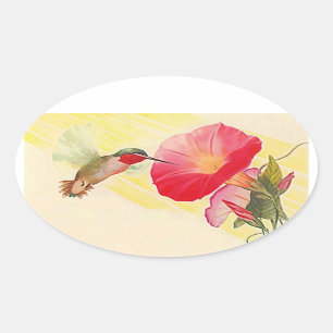 Adesivo Oval Sticker Ruby Throated Hummingbird @ Flowers Garden