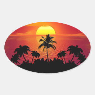 Adesivo Oval Sunset com Palmeiras Silhouette-16514