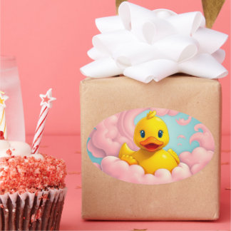 Adesivo Oval Sweet Duckling on Pink Clouds Birthday