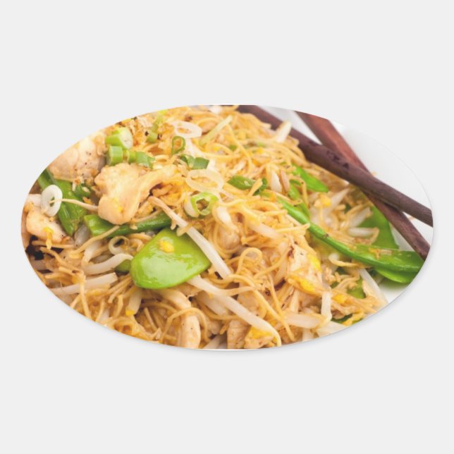Adesivo Oval Tailandês Lo Mein Noodle Stir Fry (Frente)