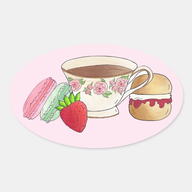 Adesivo Oval Tarde, Teacup Cream Scone Do Tea Party (Frente)