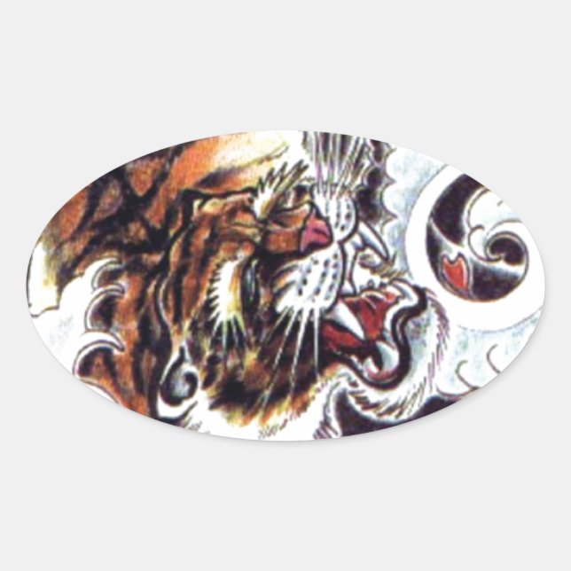 Adesivo Oval Tatuagem de Tigre Japonês (Frente)