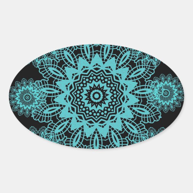 Adesivo Oval Teal Blue e Black Lace Snowflake Mandala (Frente)