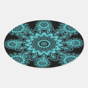 Adesivo Oval Teal Blue e Black Lace Snowflake Mandala