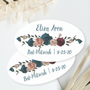 Adesivo Oval Teal Burgundy Rosas Bat Mitzvah Favor Sticker