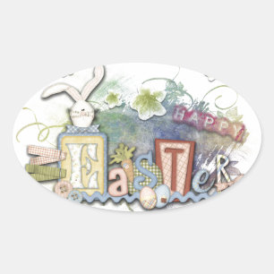 Adesivo Oval Texto Bonito de Saudação Romântico de Coelhinho de