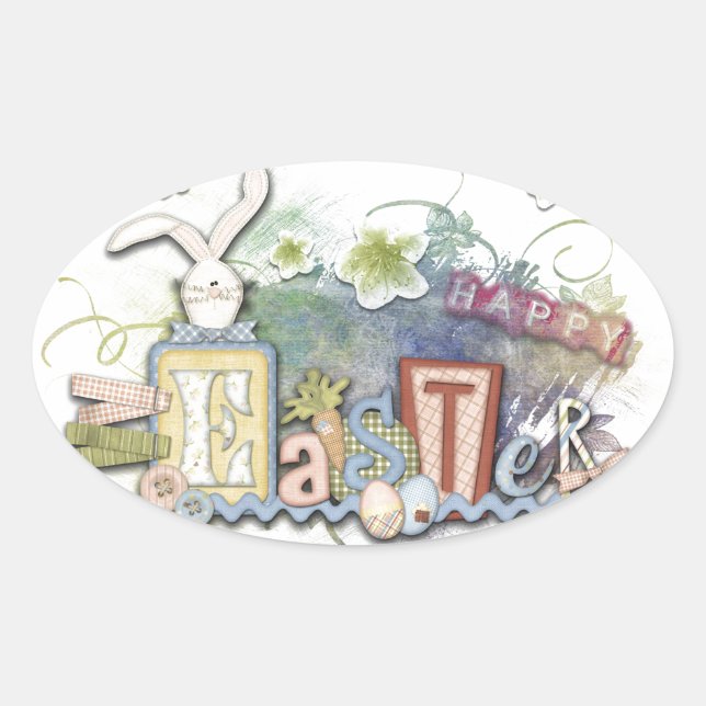 Adesivo Oval Texto Bonito de Saudação Romântico de Coelhinho de (Frente)