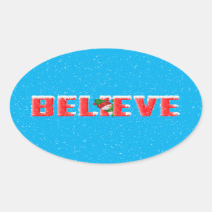 Adesivo Oval Texto vermelho BELIEVE com boneco de neve