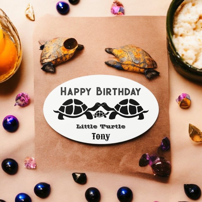 Adesivo Oval Tortura Branca e Negra (Black Turtle party theme sticker,birthday party sticker,gift pack,envelope,return gift sticker)