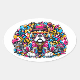 Adesivo Oval Toucinho de Bulldog de Estilo de Rua Arte Grafite