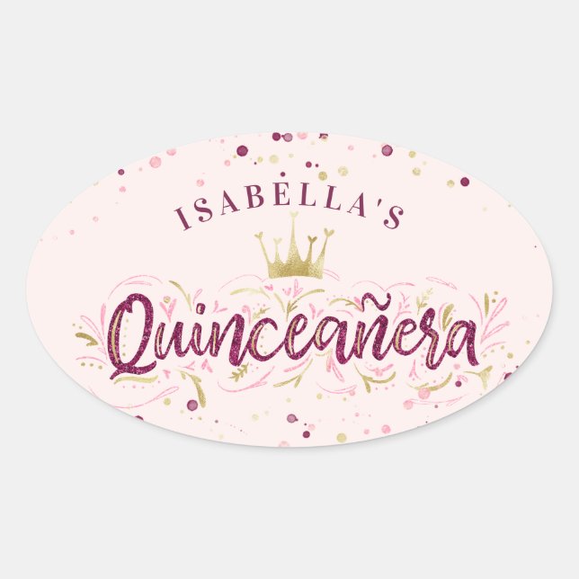 Adesivo Oval Trendy Blush Burgundy e Confetti Quinceañera Doura (Frente)