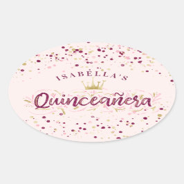 Adesivo Oval Trendy Blush Burgundy e Confetti Quinceañera Doura