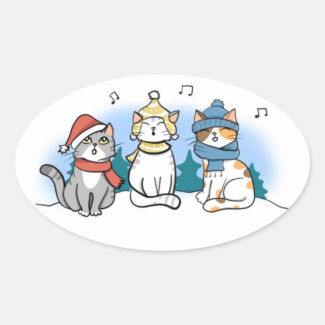 Adesivo Oval Três gatos cantando canções de Natal no Snow Cl (Frente)