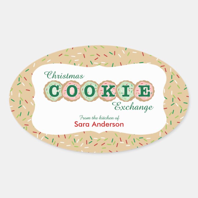 Adesivo Oval Troca de Biscoitos de Natal Adicionar Nome (Frente)
