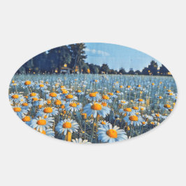 Adesivo Oval Um cheio de campo de camomiles florescente