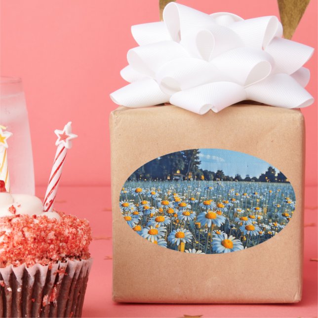 Adesivo Oval Um cheio de campo de camomiles florescente (Festa)