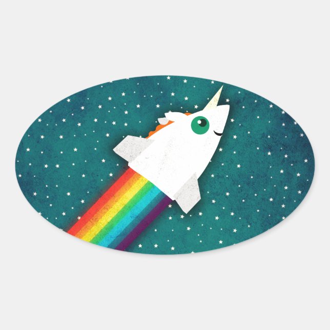 Adesivo Oval Unicorn Rainbow Rocket (Frente)