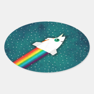 Adesivo Oval Unicorn Rainbow Rocket