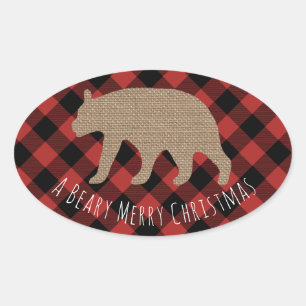 Adesivo Oval Urso de serapilheira da xadrez do Feliz Natal de