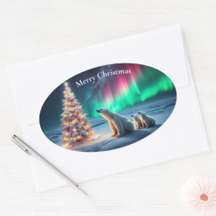 Adesivo Oval Urso Polar Mamãe Cubra Luzes de Norte de Árvore de
