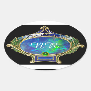 ADESIVO OVAL VERDE AZUL OPAL, ART NOUVEAU DOURADO JEWEL MONOGRA
