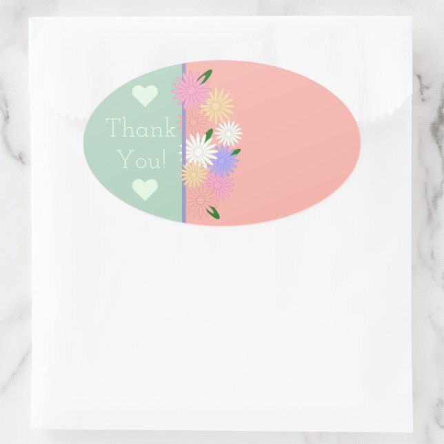 Adesivo Oval Verde Floral Colorido, Obrigado Personalizado (Bolsa)