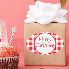 Adesivo Oval Vermelho Branco Xadrez Caprichoso FELIZ NATAL