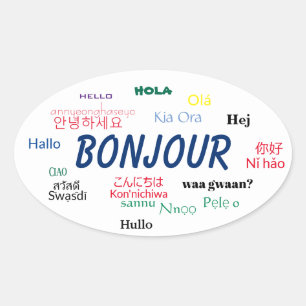Adesivo Oval Viagem do mundo das línguas de Bonjour olá!