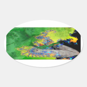 ADESIVO OVAL VIBRAÇÕES DE MATÉRIA, MULHER FRACTAL NO AMARELO VE