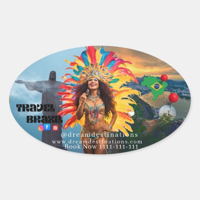 Adesivo Oval Vibrant Brazilian Carnival Design Travel Agency (Frente)