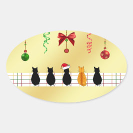 Adesivo Oval Vinheta Chic com Gatos de Natal