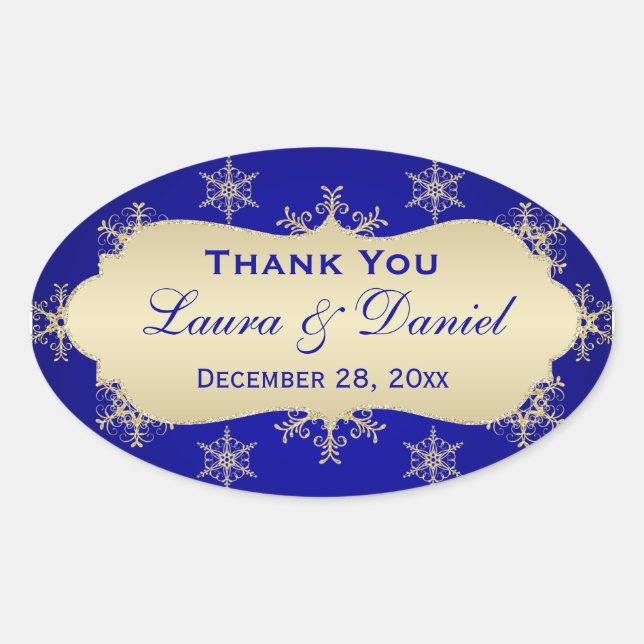 Adesivo Oval Vinheta de Casamento com Flocos de Neve Azul, Dour (Frente)