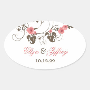 Adesivo Oval Vinheta de Casamento Elegante Floral de Rosas Rosa
