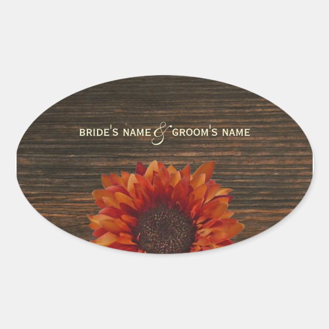 Adesivo Oval Vinheta de Casamento Laranja Sunflower & Barnwood (Frente)