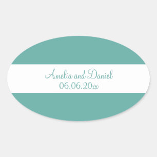 Adesivo Oval Vinheta de Casamento Personalizado Branca e Teal