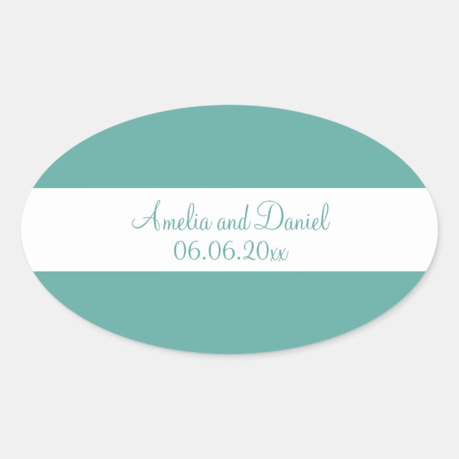 Adesivo Oval Vinheta de Casamento Personalizado Branca e Teal (Frente)