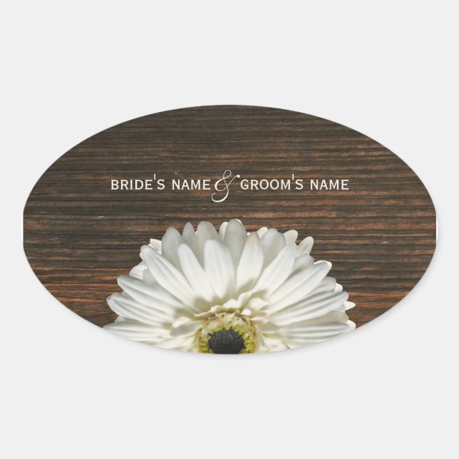 Adesivo Oval Vinheta de Casamento White Gerbera Daisy & Barnwoo (Frente)