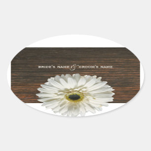 Adesivo Oval Vinheta de Casamento White Gerbera Daisy & Barnwoo